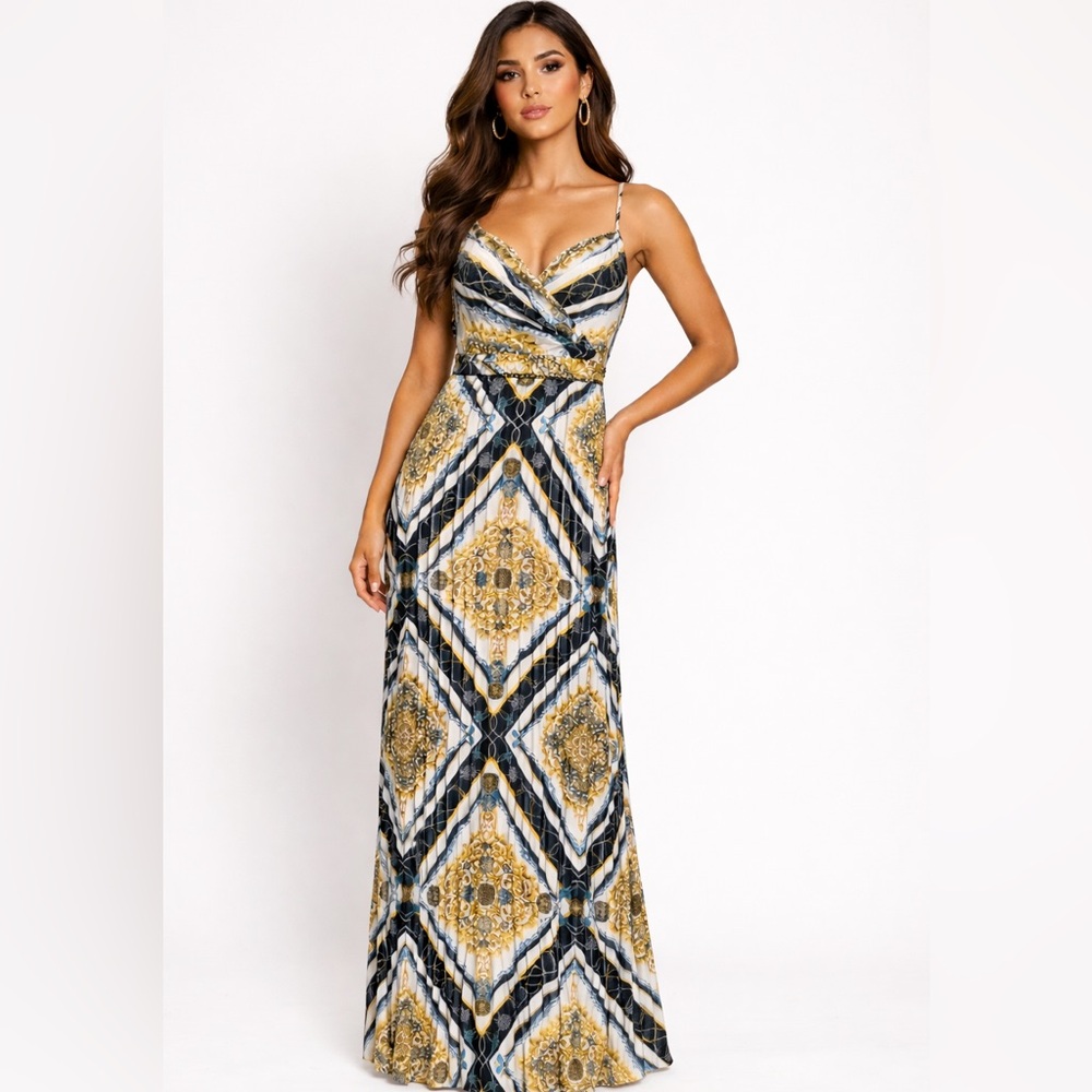 INC International Concepts Maxi Dress with Gold & Black Design Size 6 NWT - Picture 1 of 14